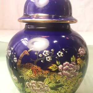 c. 1960s Lady Angela Japan Cobalt Blue Ginger Jar - Gold Peacock & Peony Design